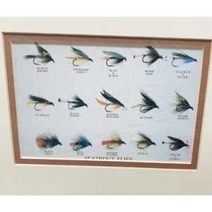 VINTAGE Sea Trout Flies framed print 9”x11” Art